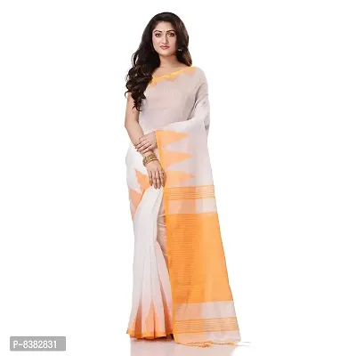 dB DESH BIDESH Women`s Traditional Bengali Handloom Tant Pure Cotton Saree Khadi Temple Par Desigined With Blouse Piece (White Yellow) (White Yellow)-thumb0