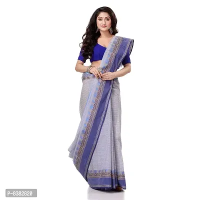 Bengal Cotton Women`s Traditional Tant Pure Cotton Handloom Saree Woven Design Without Blouse Piece (Light blue blue)-thumb0