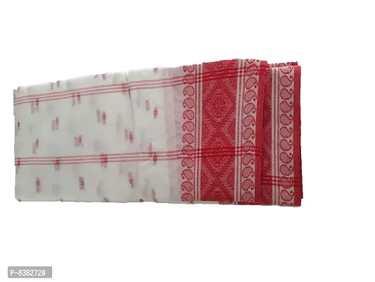dB DESH BIDESH Women`s Bengal Handloom Cotton Saree Fine Smooth Bengal Tant Saree Whole Body Design Without Blouse piece(Red and White)