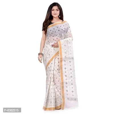 dB DESH BIDESH Women`s Bengal Tant Kerala Print Design Pure Handloom Cotton Saree Without Blouse Piece (White Green)