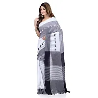 dB DESH BIDESH Women`s Traditional Bengali Handloom Tant Pure Cotton Saree Pompom Desigined With Blouse Piece (Light Black Grey White)-thumb1