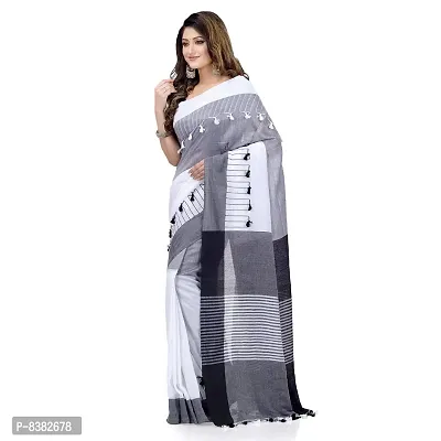 dB DESH BIDESH Women`s Traditional Bengali Handloom Tant Pure Cotton Saree Pompom Desigined With Blouse Piece (Light Black Grey White)-thumb2