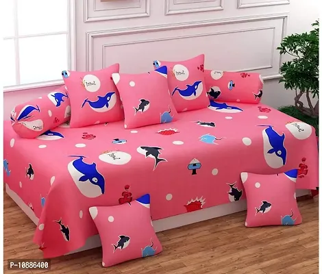 Home Solution diwan Set for Living Room, diwan Set Covers Glace Cotton, diwan Set 8 Pieces (1 Single Bedsheet, 5 Cushion Covers, 2 Bolster Covers) (Pink Fishes)-thumb0