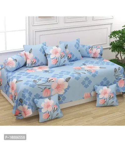 Home Solution diwan Set for Living Room, diwan Set Covers Glace Cotton, diwan Set 8 Pieces (1 Single Bedsheet, 5 Cushion Covers, 2 Bolster Covers) (Floral-Blue), Standard-thumb0