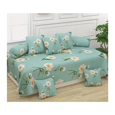 Home Solution diwan Set for Living Room, diwan Set Covers Glace Cotton, diwan Set 8 Pieces (1 Single Bedsheet, 5 Cushion Covers, 2 Bolster Covers) (Floral-Sky-Blue),Standard(Diwan-Cover-Set-)