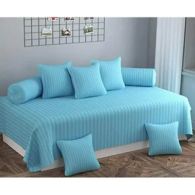 Home Solution diwan Set Satin Stripes 8 Pieces One Bed-Sheet 60*90, Five Cushion Covers 16*16 & Two Bolster Cover (Sky Blue)