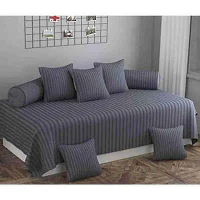 Home Solution diwan Set Satin Stripes 8 Pieces One Bed-Sheet 60*90, Five Cushion Covers 16*16 & Two Bolster Cover (Grey)