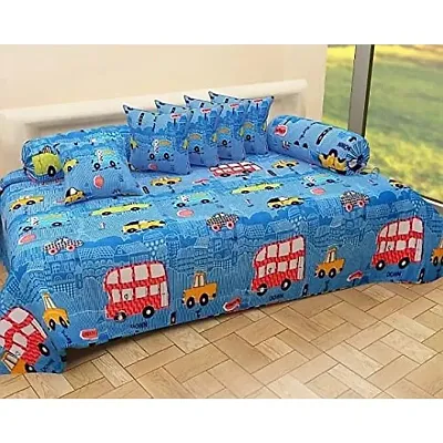 Home Solution diwan Set for Living Room, diwan Set Covers Glace Cotton, diwan Set 8 Pieces (1 Single Bedsheet, 5 Cushion Covers, 2 Bolster Covers) (Blue Cars)