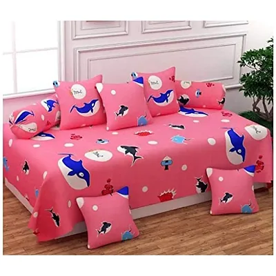 Home Solution diwan Set for Living Room, diwan Set Covers Glace Cotton, diwan Set 8 Pieces (1 Single Bedsheet, 5 Cushion Covers, 2 Bolster Covers) (Pink Fishes)