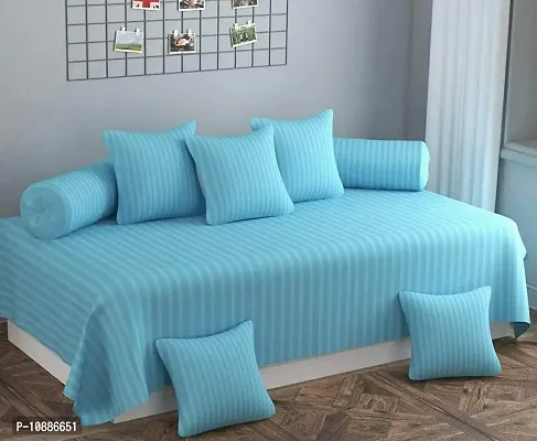 Home Solution diwan Set Satin Stripes 8 Pieces One Bed-Sheet 60*90, Five Cushion Covers 16*16 & Two Bolster Cover (Sky Blue)-thumb0