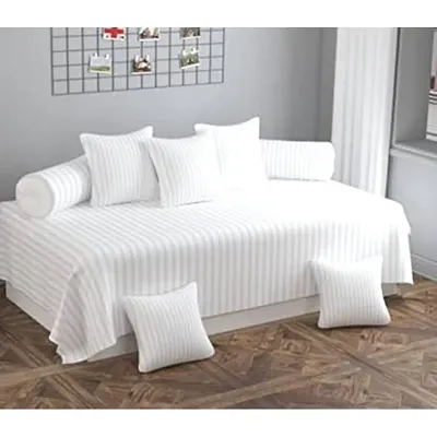 Home Solution diwan Set Satin Stripes 8 Pieces One Bed-Sheet 60*90, Five Cushion Covers 16*16 & Two Bolster Cover (White)
