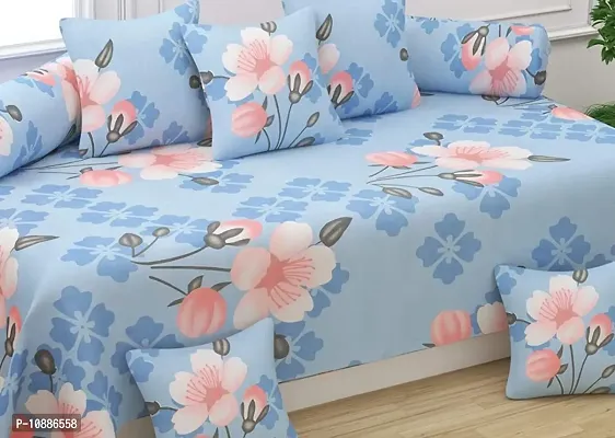 Home Solution diwan Set for Living Room, diwan Set Covers Glace Cotton, diwan Set 8 Pieces (1 Single Bedsheet, 5 Cushion Covers, 2 Bolster Covers) (Floral-Blue), Standard-thumb2