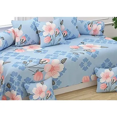 Home Solution diwan Set for Living Room, diwan Set Covers Glace Cotton, diwan Set 8 Pieces (1 Single Bedsheet, 5 Cushion Covers, 2 Bolster Covers) (Floral-Blue), Standard