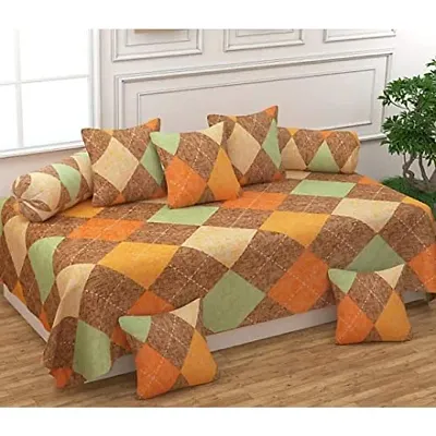Home Solution Glace Cotton Floral Designer Full Frill diwan Set - Combo of 8 pcs (1 Single Bedsheet, 5 Cushion Covers, 2 Bolster Covers) (Checkered-Brown)
