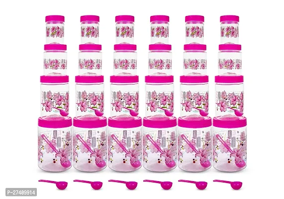 BMV Plastic Airtight Heavy Quality Printed Design Container Set with Spoons with Different Capacities-250ML,350ML,650ML,1250ML-Pink(EACH OF 6,Set of 24)