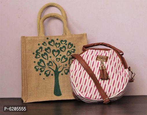 Jute Bag With Round Sling Bag (Pack Of 2)-thumb0