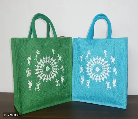 Elegant Worli printed Green and Blue Tote Bag (Pack of 2)
