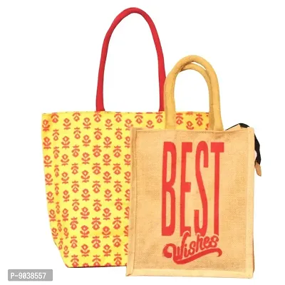 Printed Jute Shopping Bag With Jute Gift Bag (Pack Of 2)