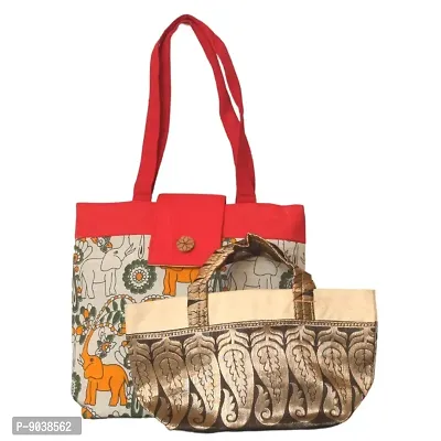 Elephant Print Kalamkari Fancy Bag For Woman With Banarasi Hand Bag (Pack of 2)