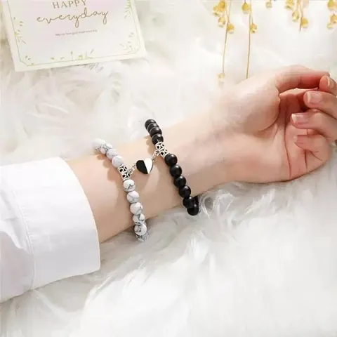 Soni Jewellery Couple Bracelet Gifts Heart Shape Alloy Magnet Wristband Stone Beaded Bracelet Valentine Lovers Black and White Gift Couple Magnetic Distance Bracelet