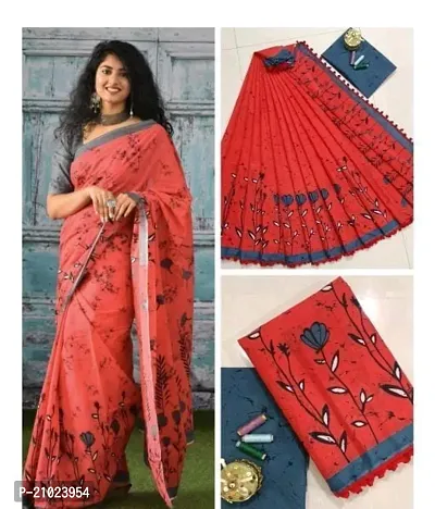 Stylish Mulmul Cotton Red Saree with Blouse piece-thumb0