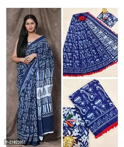 Stylish Mulmul Cotton Blue Saree with Blouse piece-thumb0