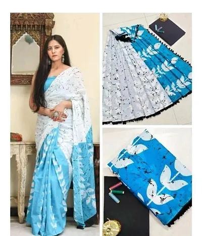 Alluring Cotton Blend Printed Sarees With Blouse Piece