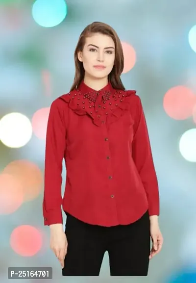Women's Western Wear Maroon Colour Pearl Work Full Sleeves Shirt Pattern Style Top-thumb0