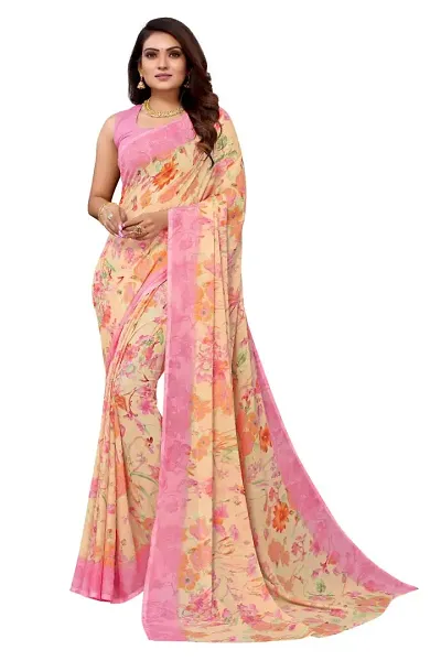 Radhe Fashion Women's Desinger Georgette Floral Saree with Blouse Piece (Pink)