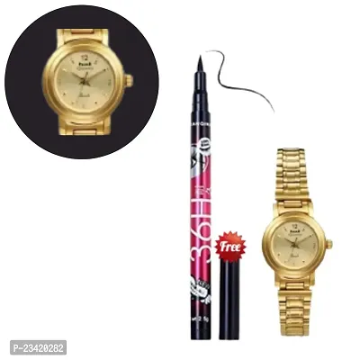 Golden Watch With Golden Dial  Pack of 1 + 36H  Black Eyeliner Pack of 1