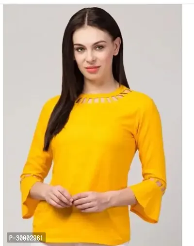 Elegant Yellow Cotton Blend Solid Top For Women-thumb0