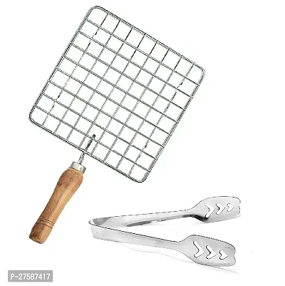 Durable Stainless Steel Roasting Net Roti Grill Chapati Grill Square Roaster Wooden Handle With Stainless Steel Momo Tong Pack Of 2-thumb0