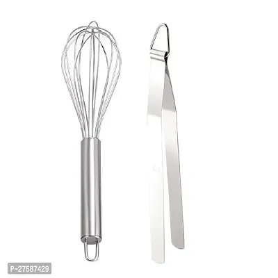 Durable Stainless Steel Egg Beater With Stainless Steel Roti Tong Chimta Pack Of 2-thumb0