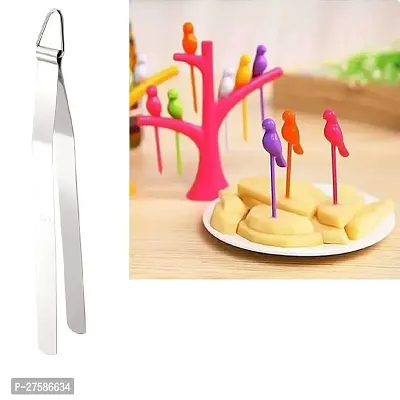 Stainless Steel Chimta For Roti Chapati Chimta Tong For Chapati Tong And Plastic Bird Fruit Fork Set With Stand 6-Pieces Multicolour Pack Of 2