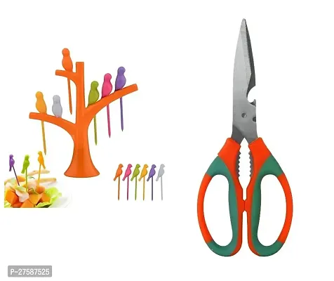 Bird Fork Bird Fruit And Salad Fork Multicoloured 6 Forks In Bird Shape With Tree And Multipurpose, Kitchen Household And Garden Scissor, Assorted Colour, Pack Of 2-thumb0