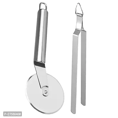 Combo Of Stainless Steel Wheel Pizza Cutter With Stainless Steel Roti Chimta Tong Set Of Pack Of 2-thumb0