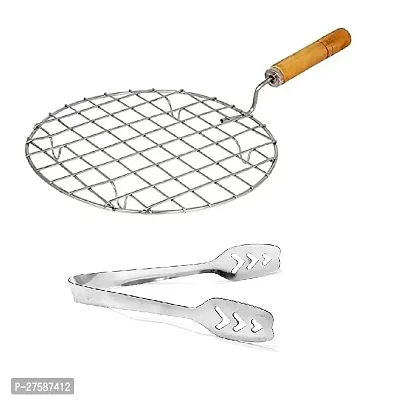 Durable Stainless Steel Roasting Net Roti Grill Chapati Grill Round Roaster Wooden Handle With Stainless Steel Momo Tong Pack Of 2-thumb0