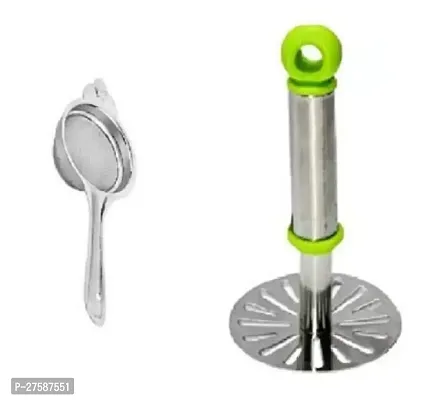 Stainless Steel Tea Strainer With Stainless Steel Potato Vegetable Pav Bhaji Small Masher Pack Of 2-thumb0