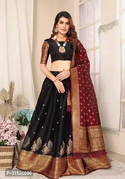 Stylish Black Taffeta Silk Solid Lehenga Choli Set For Women