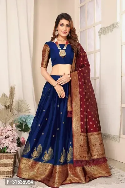 Stylish Blue Taffeta Silk Solid Lehenga Choli Set For Women