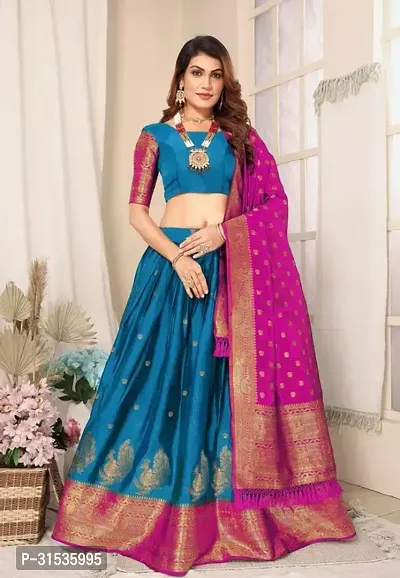 Stylish Blue Taffeta Silk Solid Lehenga Choli Set For Women