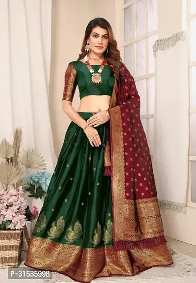 Stylish Green Taffeta Silk Solid Lehenga Choli Set For Women