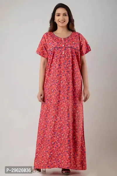 Elegant Red Cotton Printed Nighty For Women-thumb0