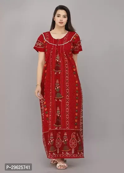 Elegant Red Cotton Printed Nighty For Women