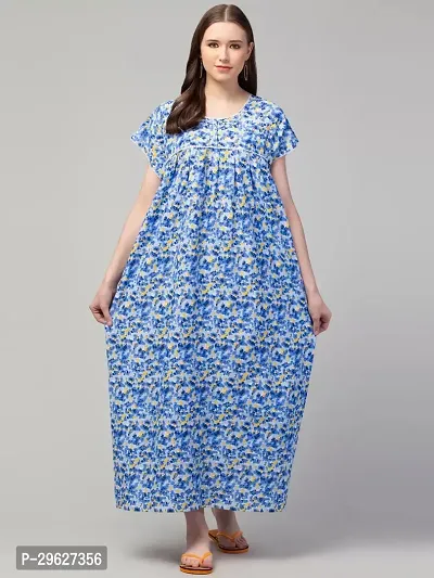 Elegant Blue Cotton Printed Nighty For Women