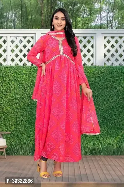 TRISHA HEAVY WEIGHT LESS BANDHANI PRINTED AALIYA CUT GOWN WITH LESS BORDER DUPATTA SET