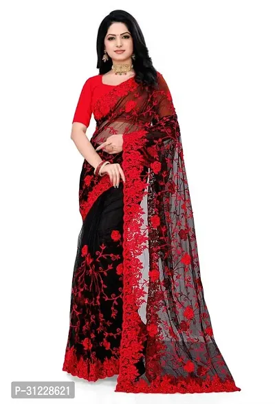 Organza Net Black and Red Color Heavy Embroidery saree with blouse-thumb0