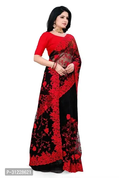 Organza Net Black and Red Color Heavy Embroidery saree with blouse-thumb4