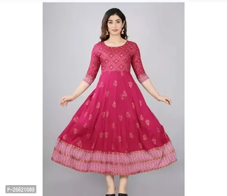 Pretty Pink Printed Rayon Flared Anarkali Gown