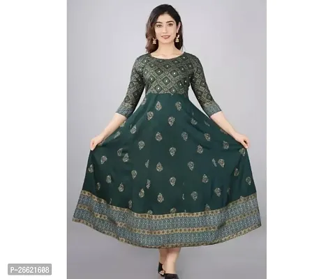 Pretty Green Printed Rayon Flared Anarkali Gown